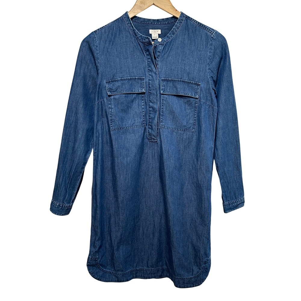 J. Crew Chambray Denim Popover Shirt Dress Womens XS Blue Long Sleeve Cotton